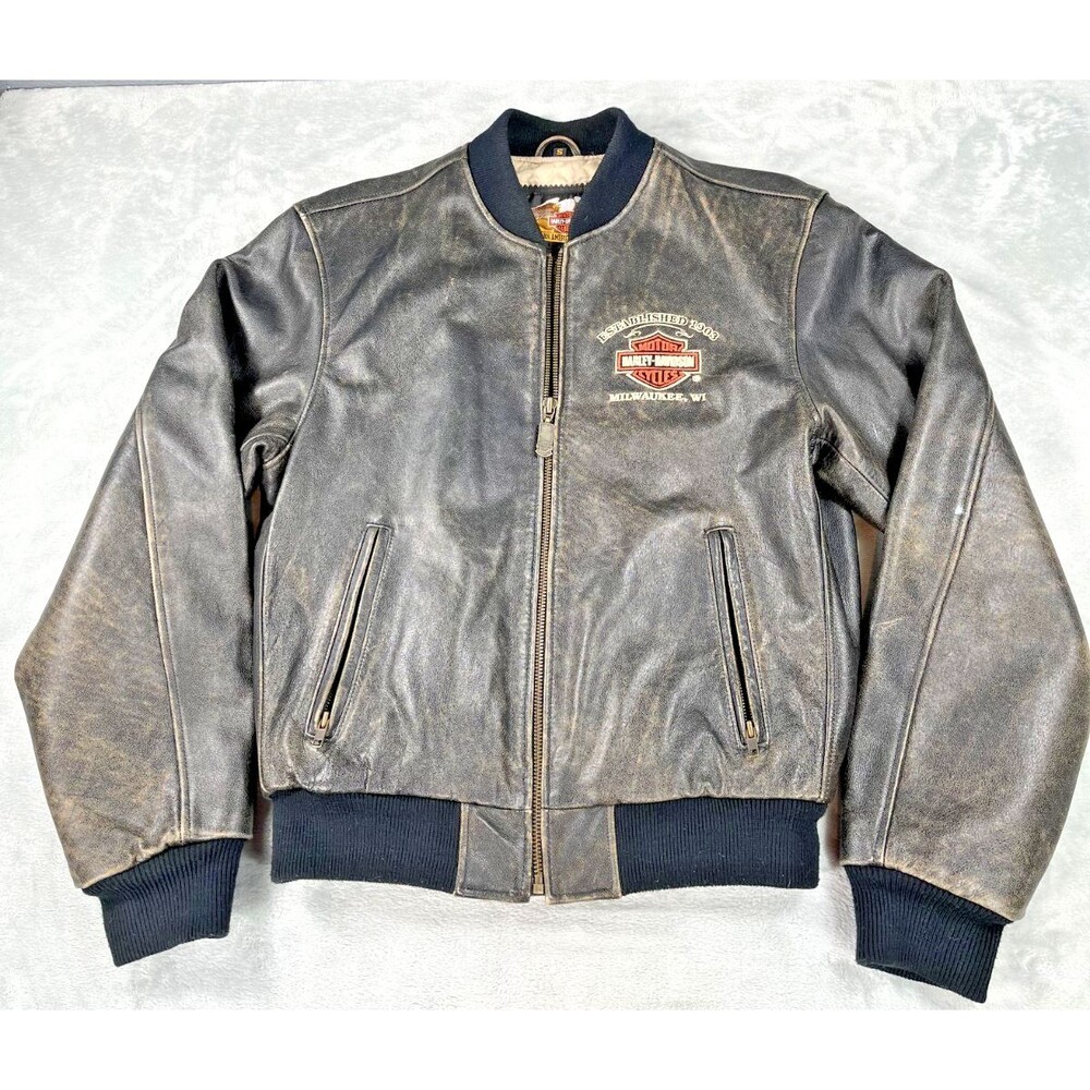 VTG 90s Harley Davidson Leather Bomber Jacket Small Distressed Brown CA 03402